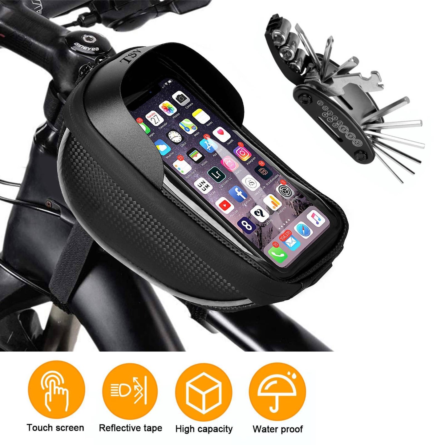 Bike Phone Mount Bag, TSV Bike Waterproof Front Frame Bag with Bicycle Accessories Sensitive Touch Screen Compatible with iPhone 11 12 Pro Max XR XS Samsung Note Plus Large Size